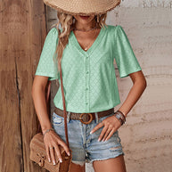 Damen Bluse mit dekorativem Lochmuster und elegantem V-Ausschnitt WW