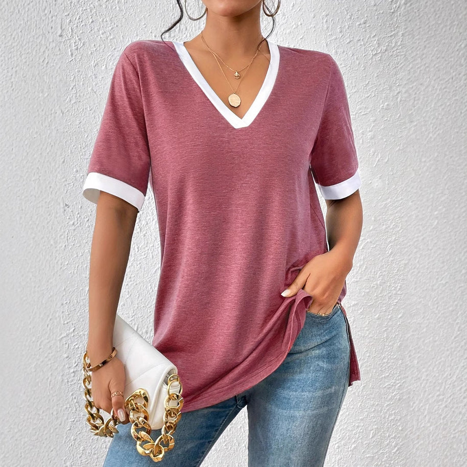 Damen V-Ausschnitt Shirt mit Kontrastärmeln und bequemer Passform WW