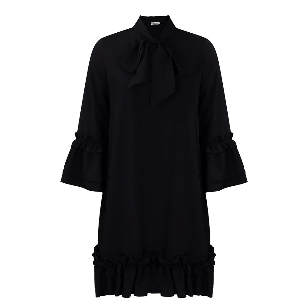 Damen Tunika-Kleid mit eleganten Rüschen und schickem Schleifenkragen WW