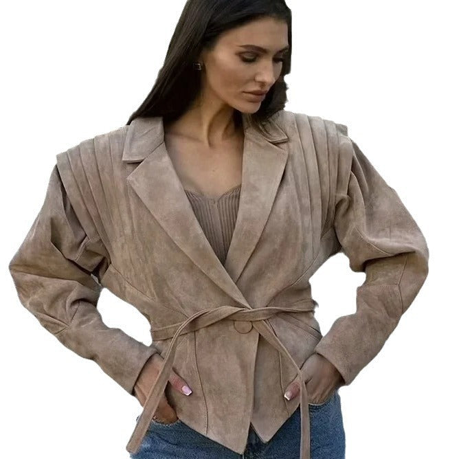 Damen Übergangsjacke aus weichem Wildleder mit taillierbarem Gürtel und voluminösen Ärmeln W&W Mode