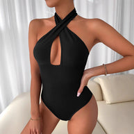 WW | Cross Hollow Out Halter Bodysuit