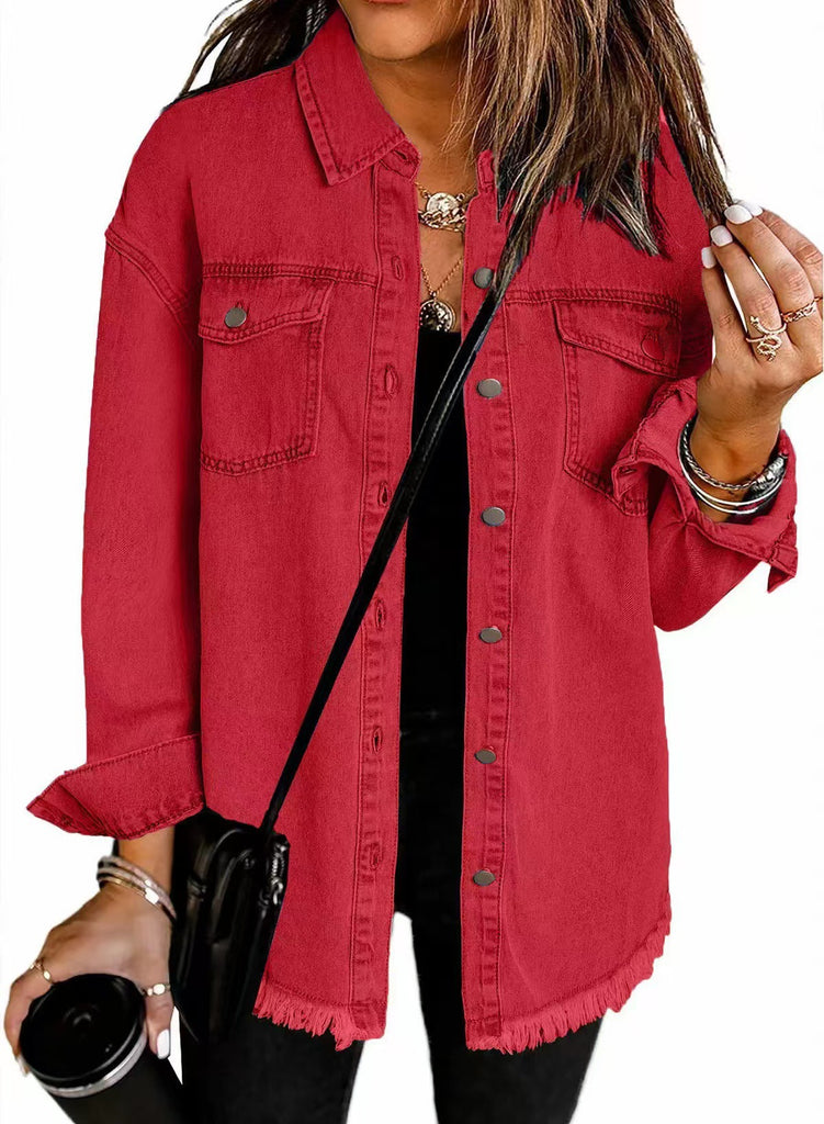Damen Oversized Jeanshemd mit Fransen WW