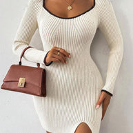 Damen Strickkleid mit feinem Rippenmuster und elegantem U-Boot-Ausschnitt WW