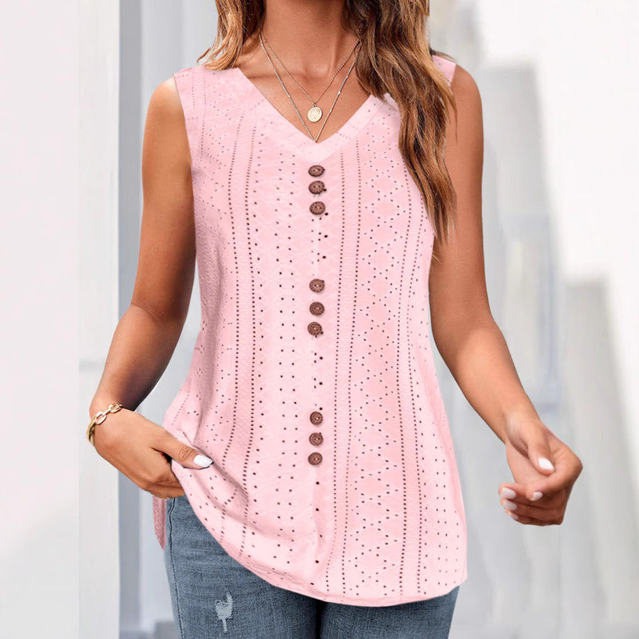 Damen ärmelloses Blusenshirt mit filigranem Lochmuster und Knopfleiste WW