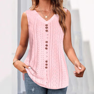 Damen ärmelloses Blusenshirt mit filigranem Lochmuster und Knopfleiste WW