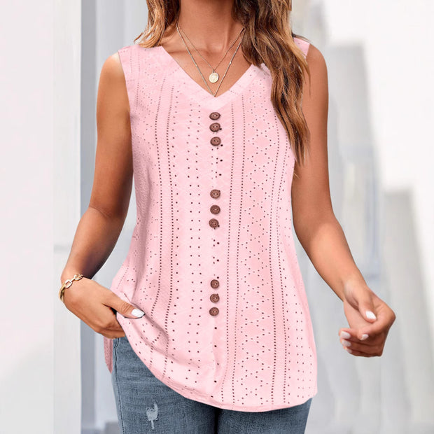 Damen ärmelloses Blusenshirt mit filigranem Lochmuster und Knopfleiste WW