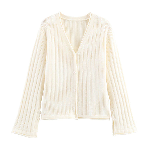 Damen Rippstrickjacke mit V-Ausschnitt und Knopfverschluss WW