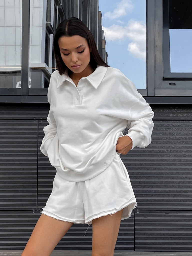 Damen lässiges Freizeit-Set mit Überschnittenen Ärmeln und weichen Shorts WW