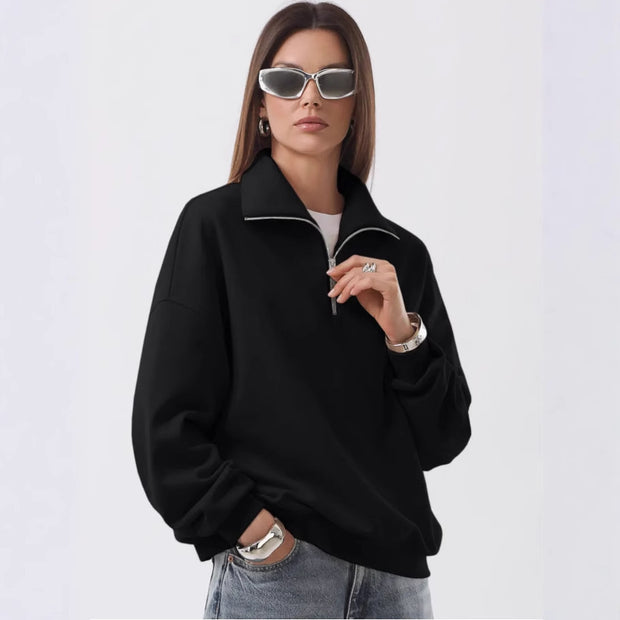 Damen Sportlicher Stehkragen Pullover mit Reißverschluss WW