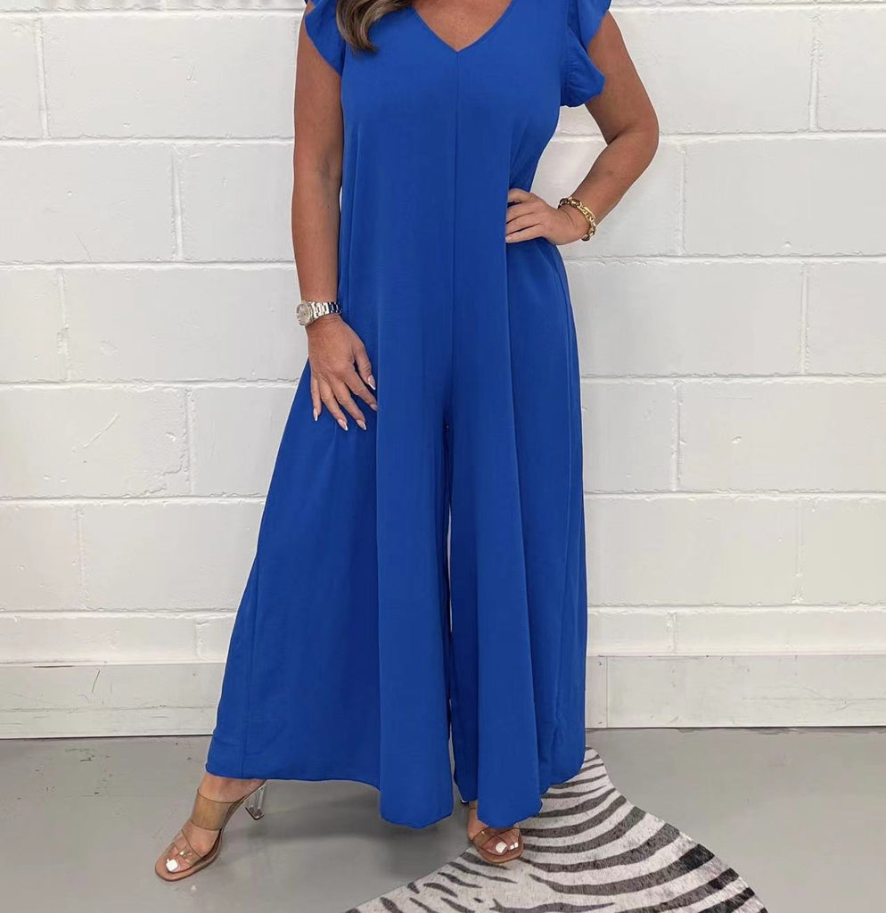 Damen eleganter Jumpsuit mit weit geschnittenen Beinen und V-Ausschnitt