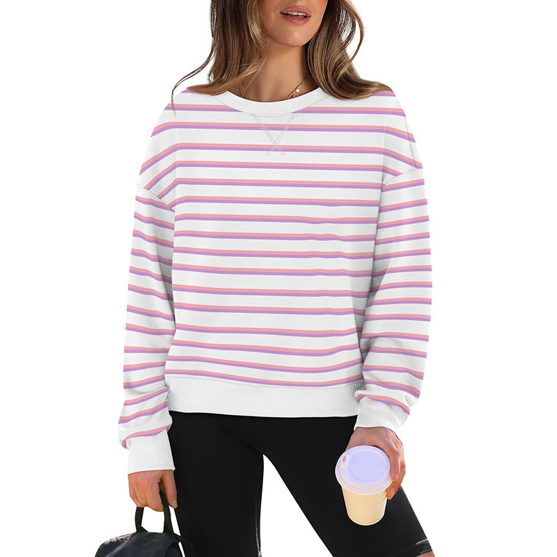 Damen lässiger Sweatshirt mit modernem Streifenmuster und Rundhalsausschnitt WW
