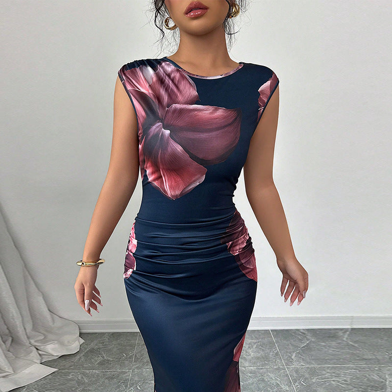Damen elegantes Maxi-Kleid mit floralem Drapierungsdesign und figurbetonendem Schnitt WW