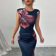 Damen elegantes Maxi-Kleid mit floralem Drapierungsdesign und figurbetonendem Schnitt WW