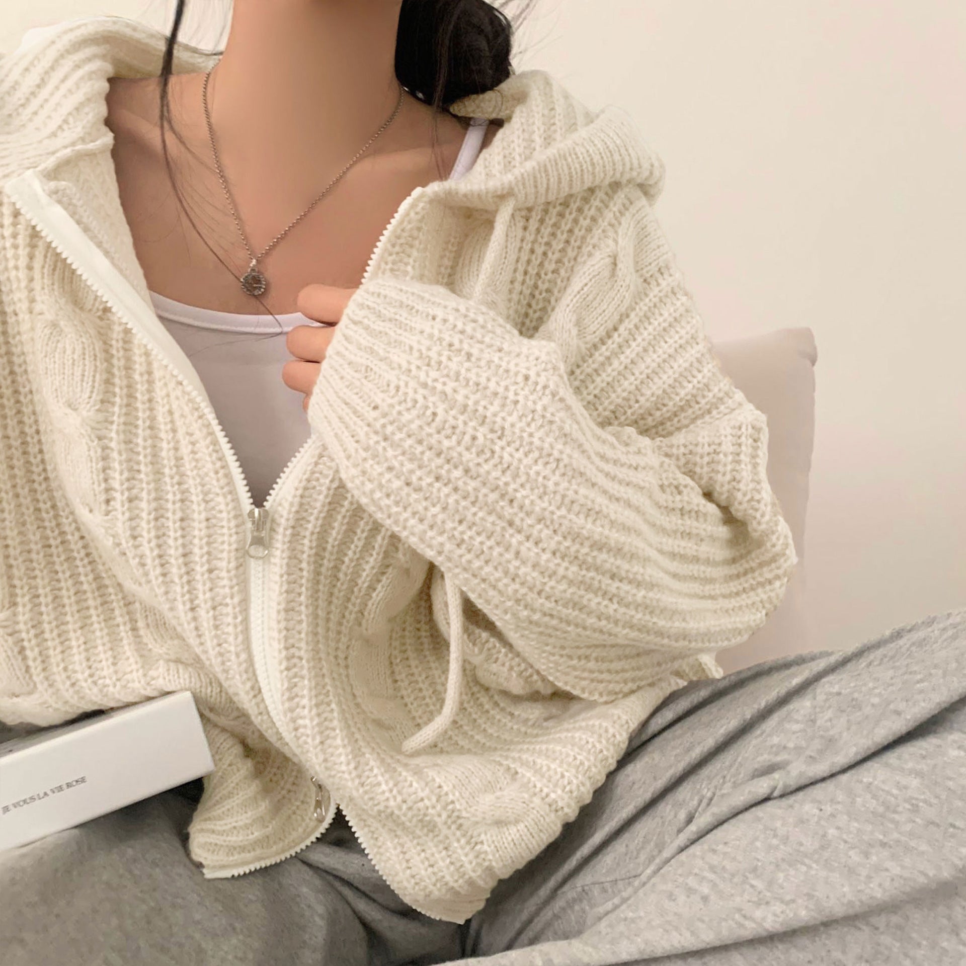 Damen Bequemer Strickjacke mit Kapuze und Reißverschluss WW