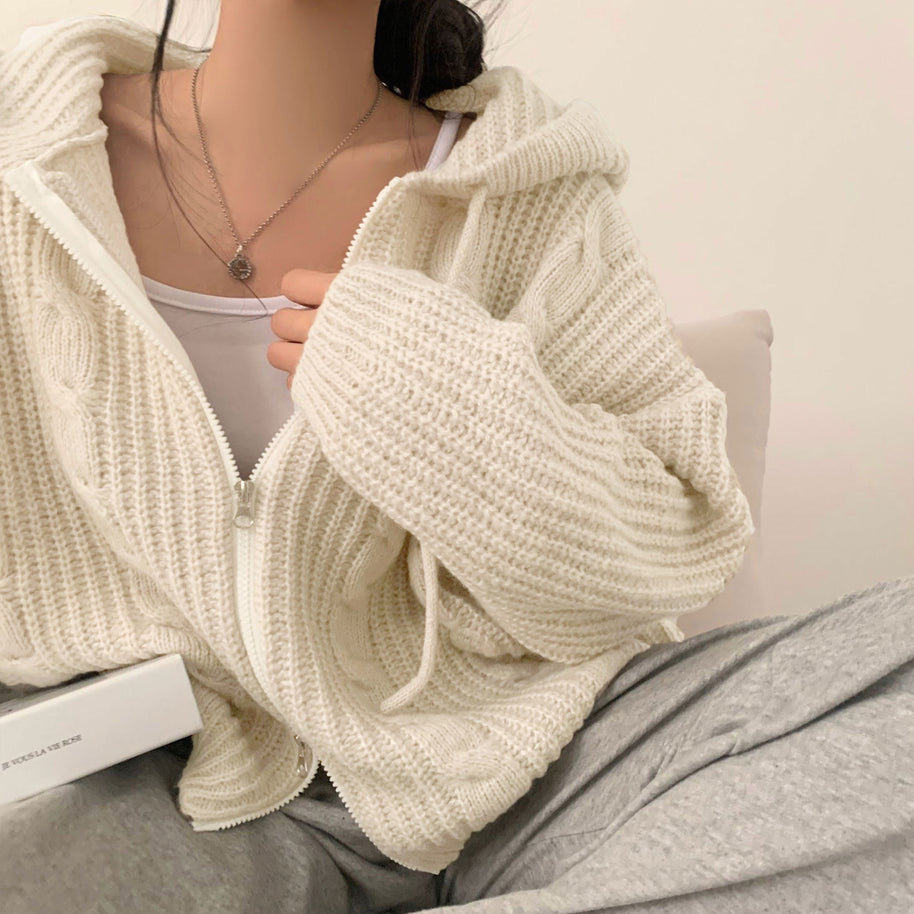 Damen Bequemer Strickjacke mit Kapuze und Reißverschluss WW
