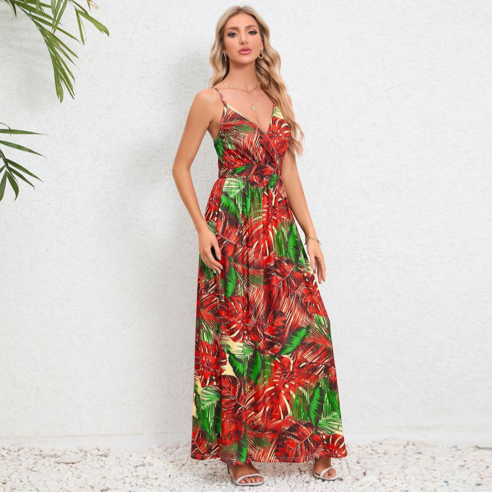 Damen Maxikleid mit zartem V-Ausschnitt und buntem Pflanzenmuster WW
