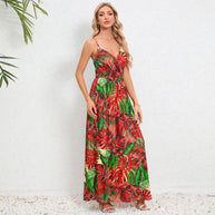 Damen Maxikleid mit zartem V-Ausschnitt und buntem Pflanzenmuster WW