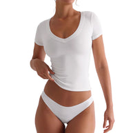 Damen figurbetontes V-Neck T-Shirt mit kurzen Ärmeln WW