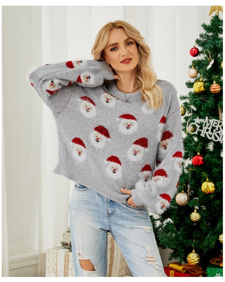 Damen festlicher Pullover mit weihnachtlichem Santa-Muster W&W Mode