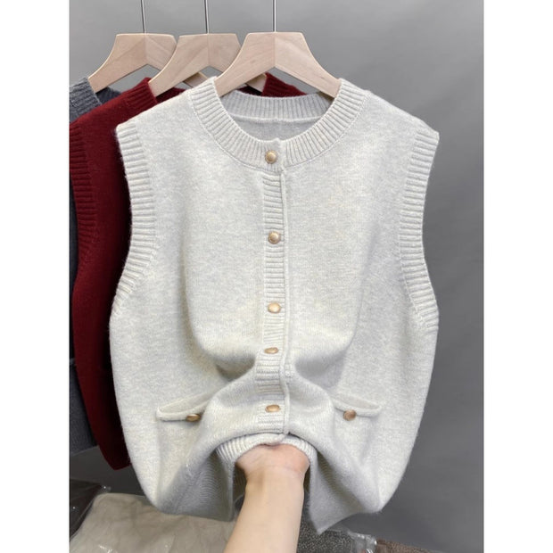 Damen Strickweste mit Knopfdetails und seitlichen Taschen WW