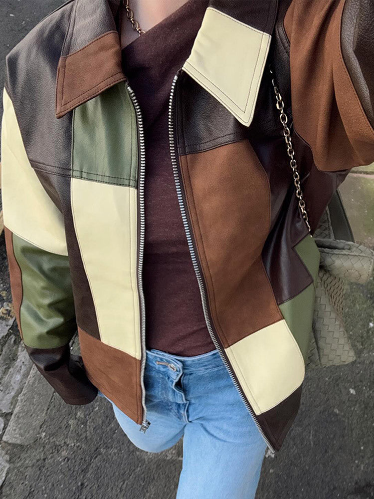 Damen Statement-Lederjacke im Patchwork-Design WW