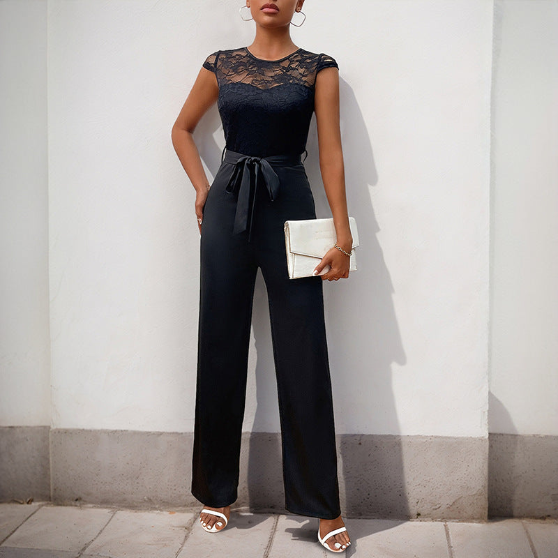 Damen Jumpsuit mit elegantem Spitzenoberteil und taillierbarem Gürtel WW