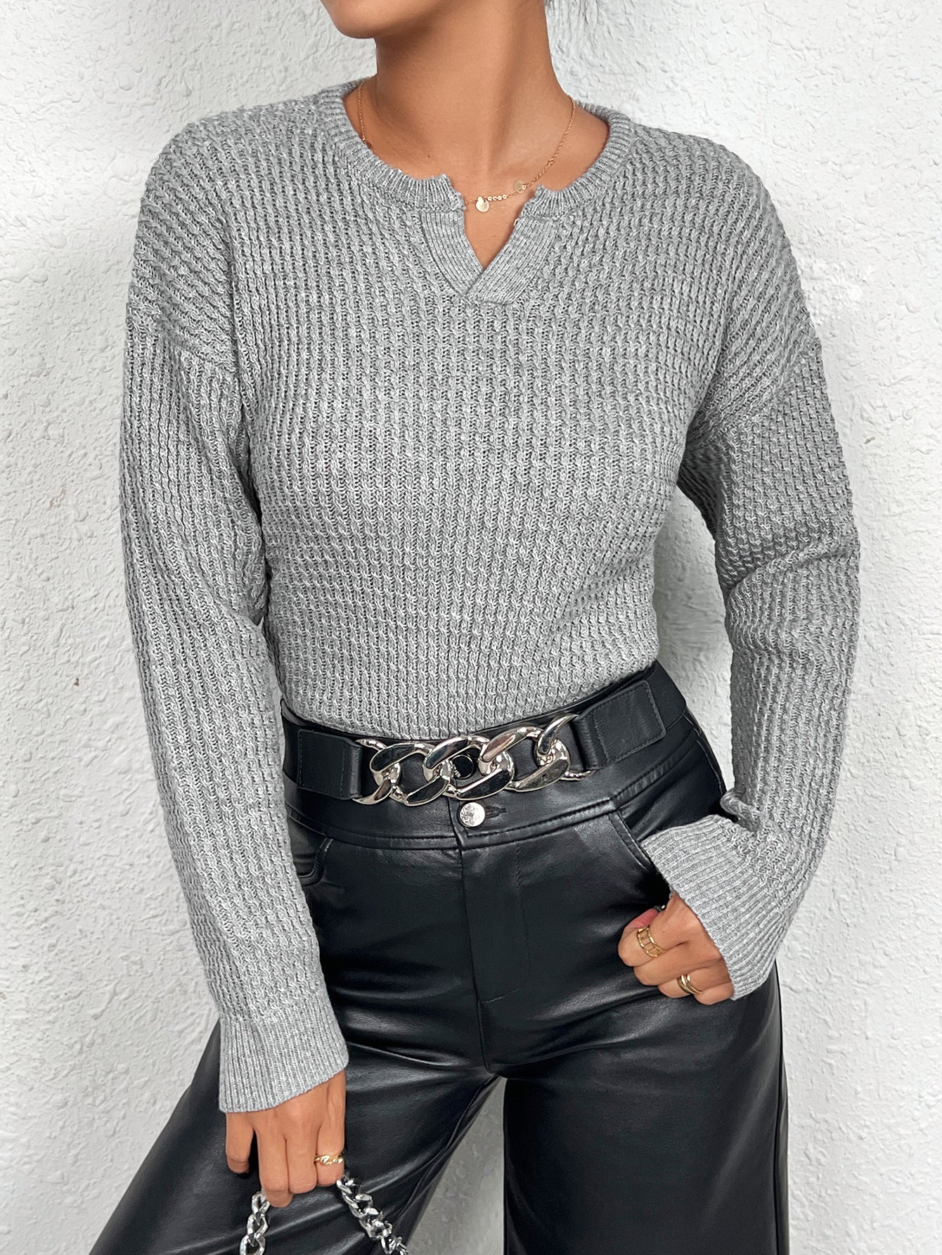 Damen Strickoberteil mit Henley-Ausschnitt und strukturiertem Muster WW