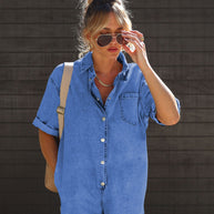 Damen Denim Playsuit mit lässigem Kurzarmdesign und praktischen Taschen WW