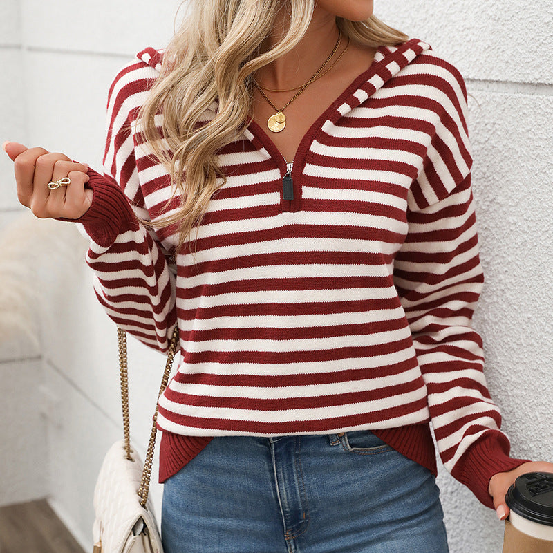 Damen gemütlicher Strickpullover mit modischem Reißverschluss und Streifenmuster WW