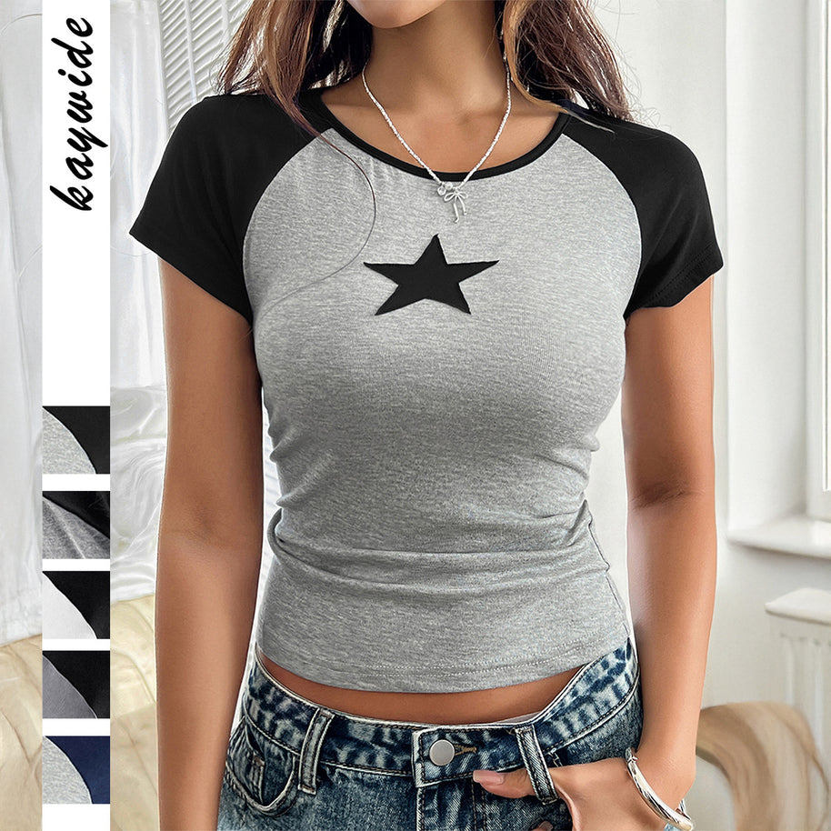 Damen figurbetontes T-Shirt mit grafischem Sternmotiv WW