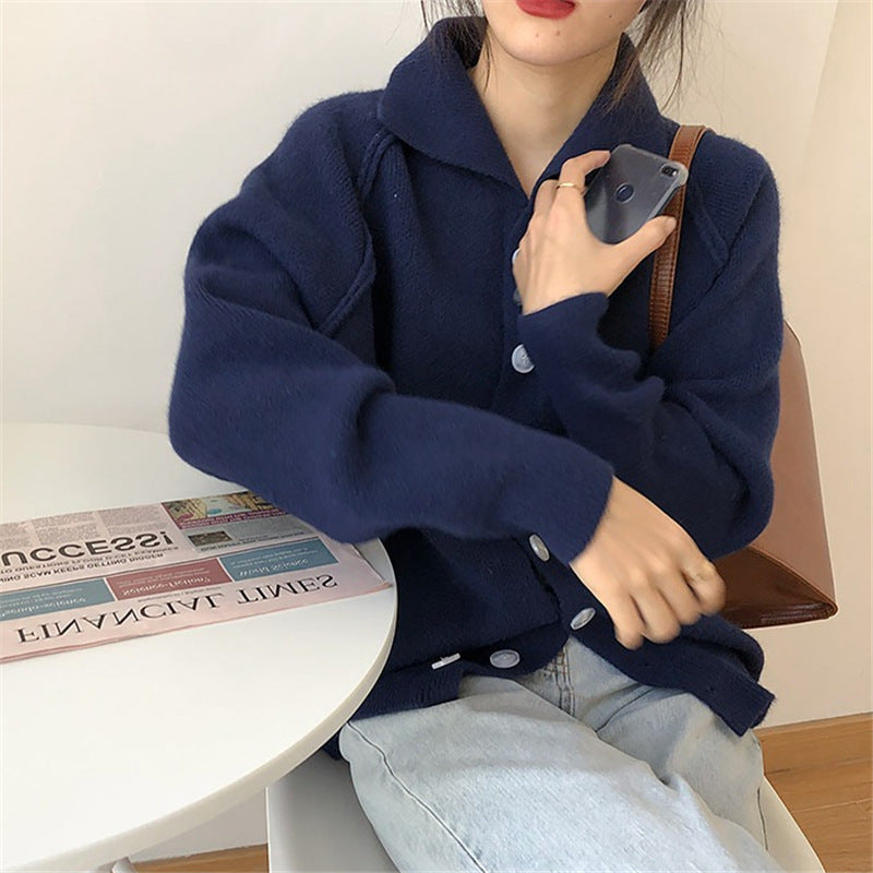 Damen bequemer Strickcardigan mit klassischem Kragen und Knopfverschluss WW