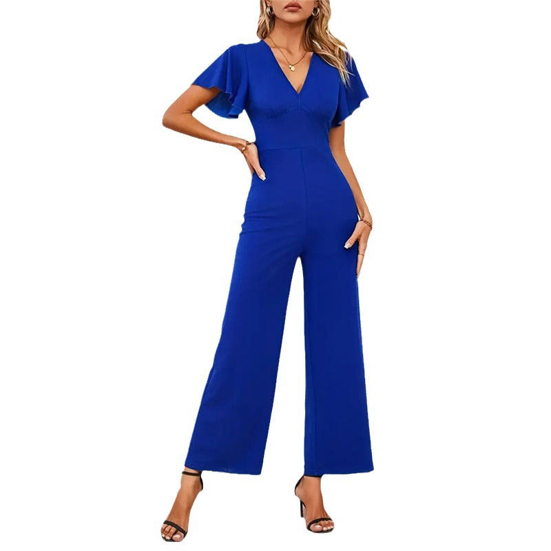 Damen eleganter Jumpsuit mit weitem Bein und Rüschendetails W&W