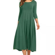 WW | Quadrat-Ausschnitt 3/4-Lange Uni-Farbe Midi-Kleid