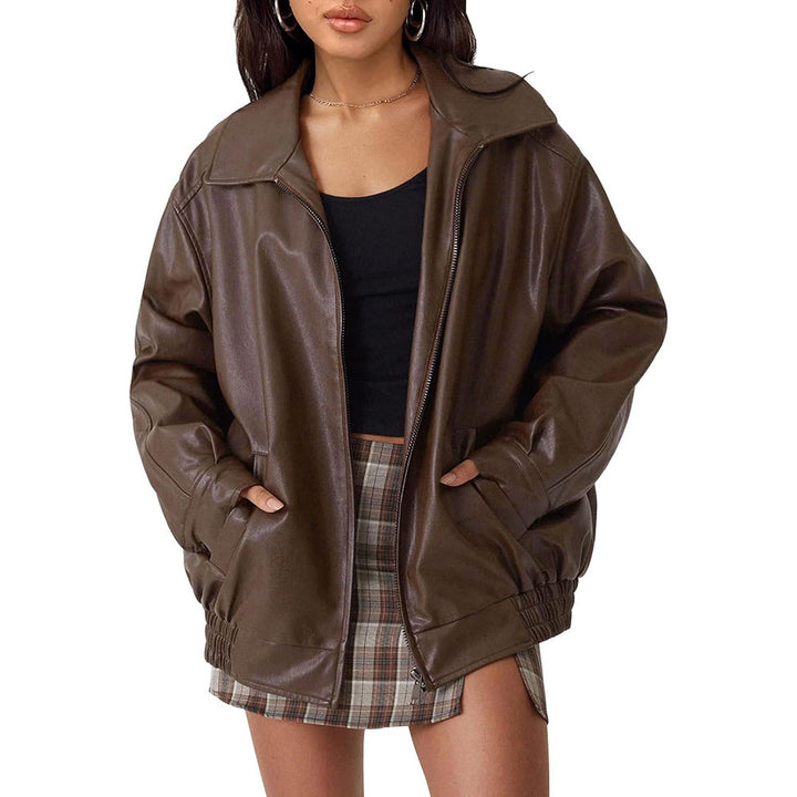 Damen lässige Kunstlederjacke mit weitem Schnitt und praktischen Taschen W&W Mode