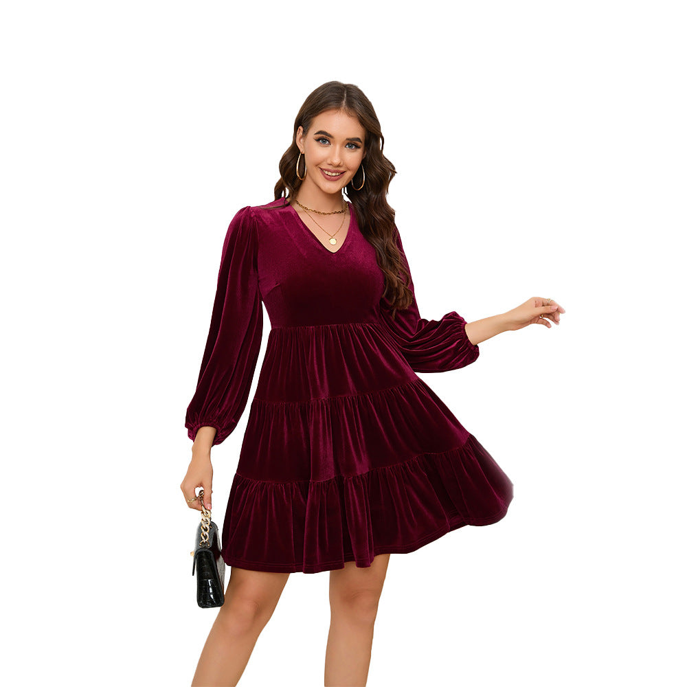 Damen elegantes Samtkleid mit voluminösen Ärmeln und V-Ausschnitt W&W