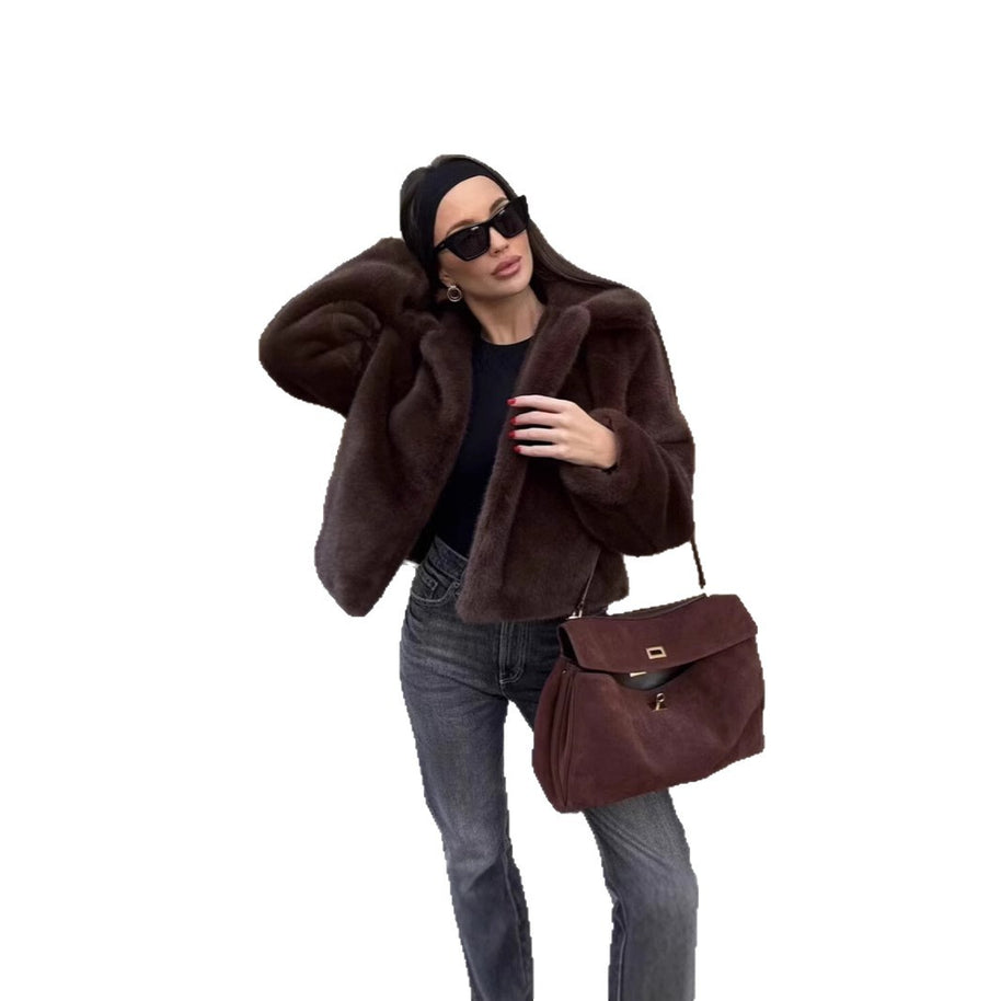 Damen stilvolle Kunstfelljacke mit modischem Revers WW