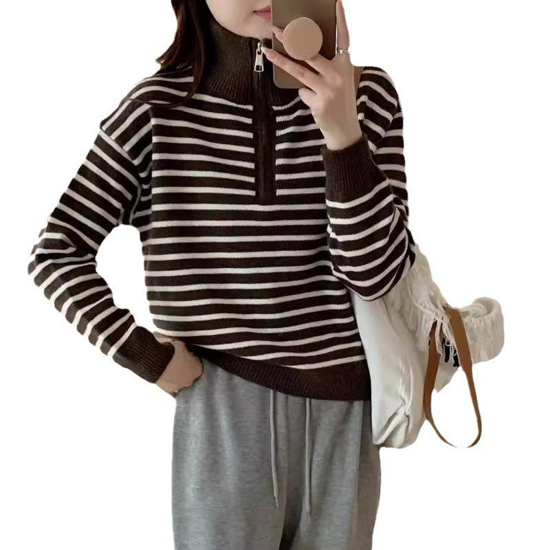 Damen Strickpullover mit kurzem Reißverschluss und modischem Streifenmuster WW