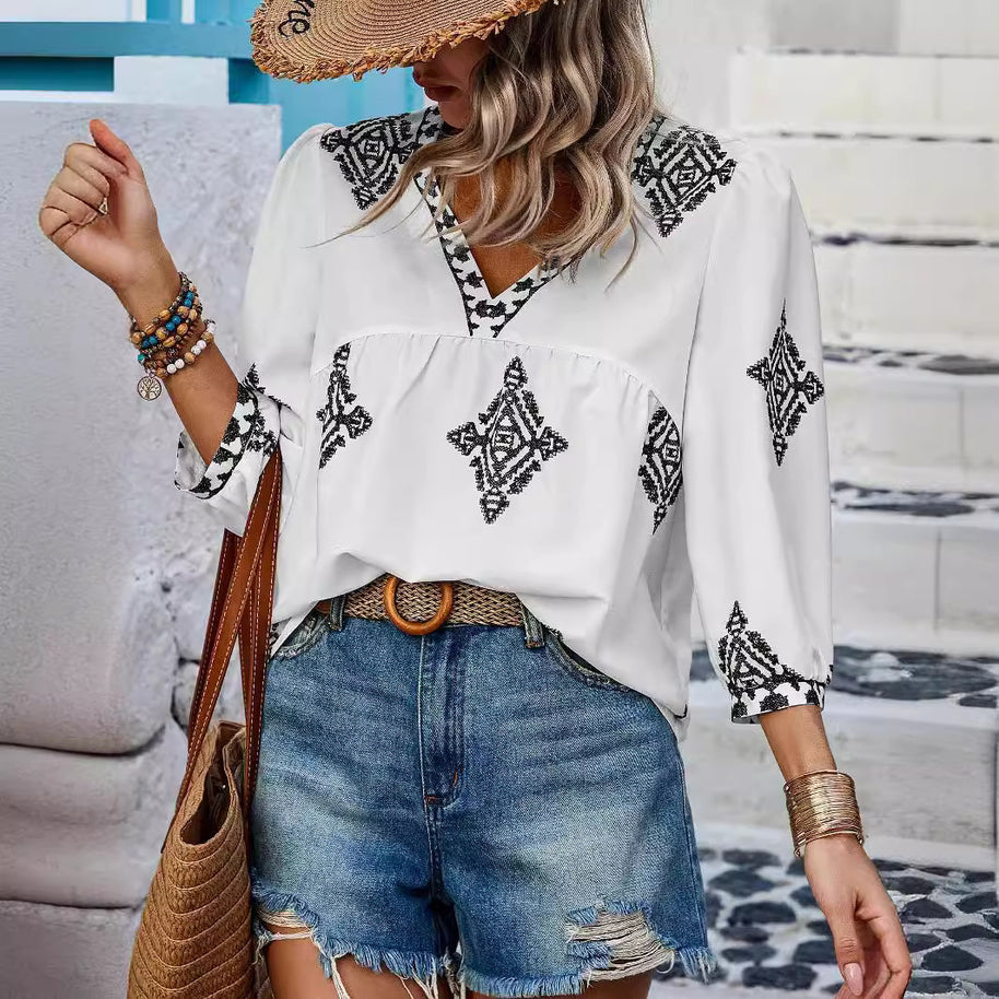 WW | Boho Chic V-ausschnitt Bestickte Bluse Für Frauen
