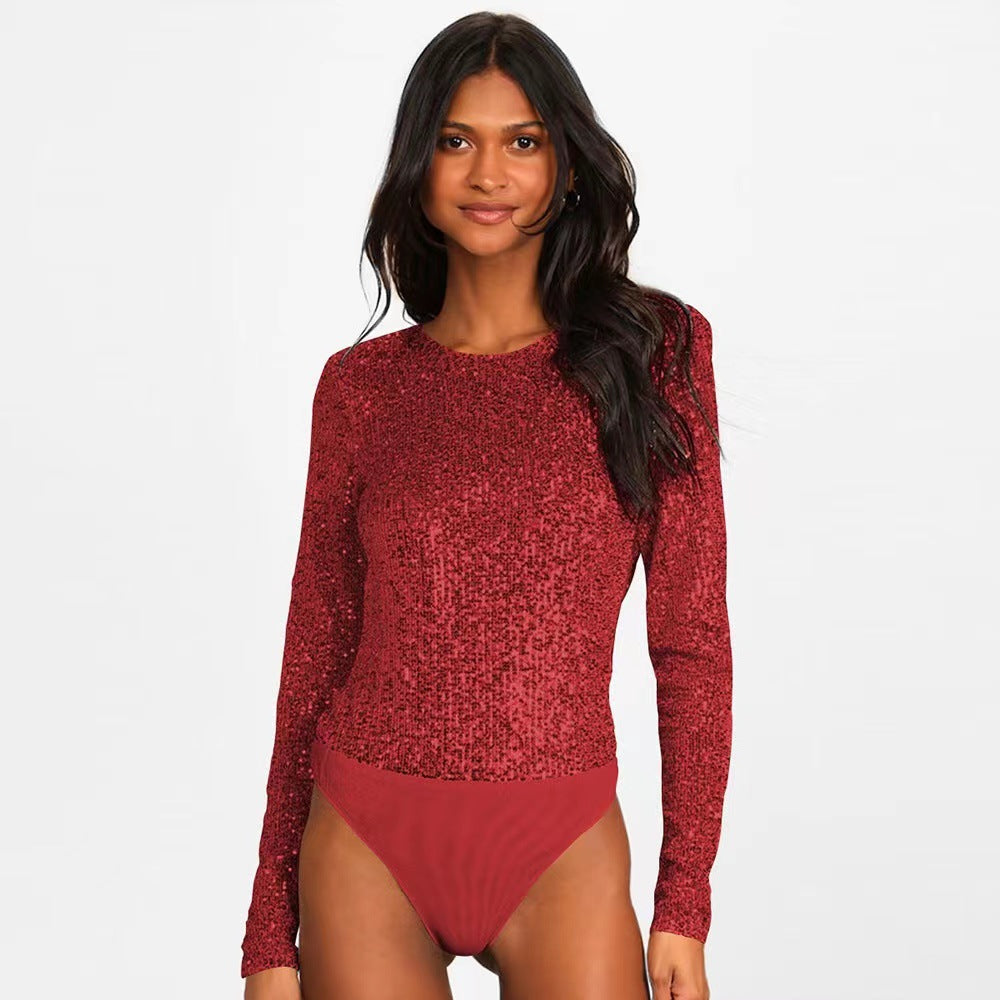 Damen Glitzernder Body mit langen Ärmeln und elegantem Design WW