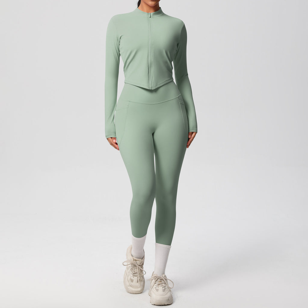 Damen Sportliches langärmliges Crop-Top mit passender Leggings im figurbetonten Design WW