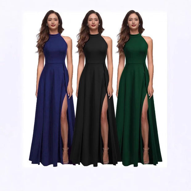 Damen Maxikleid mit hohem Kragen und seitlichem Schlitz WW