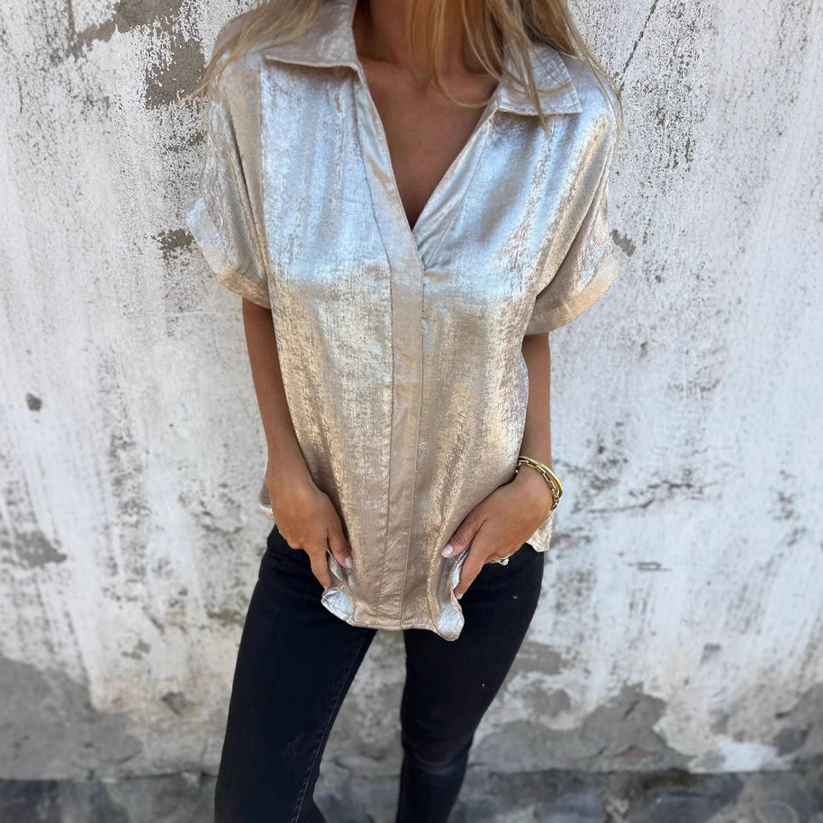 Damen Kurzarm-Seidenbluse mit elegantem Glanz und modischem Revers WW