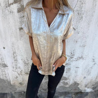 Damen Kurzarm-Seidenbluse mit elegantem Glanz und modischem Revers WW
