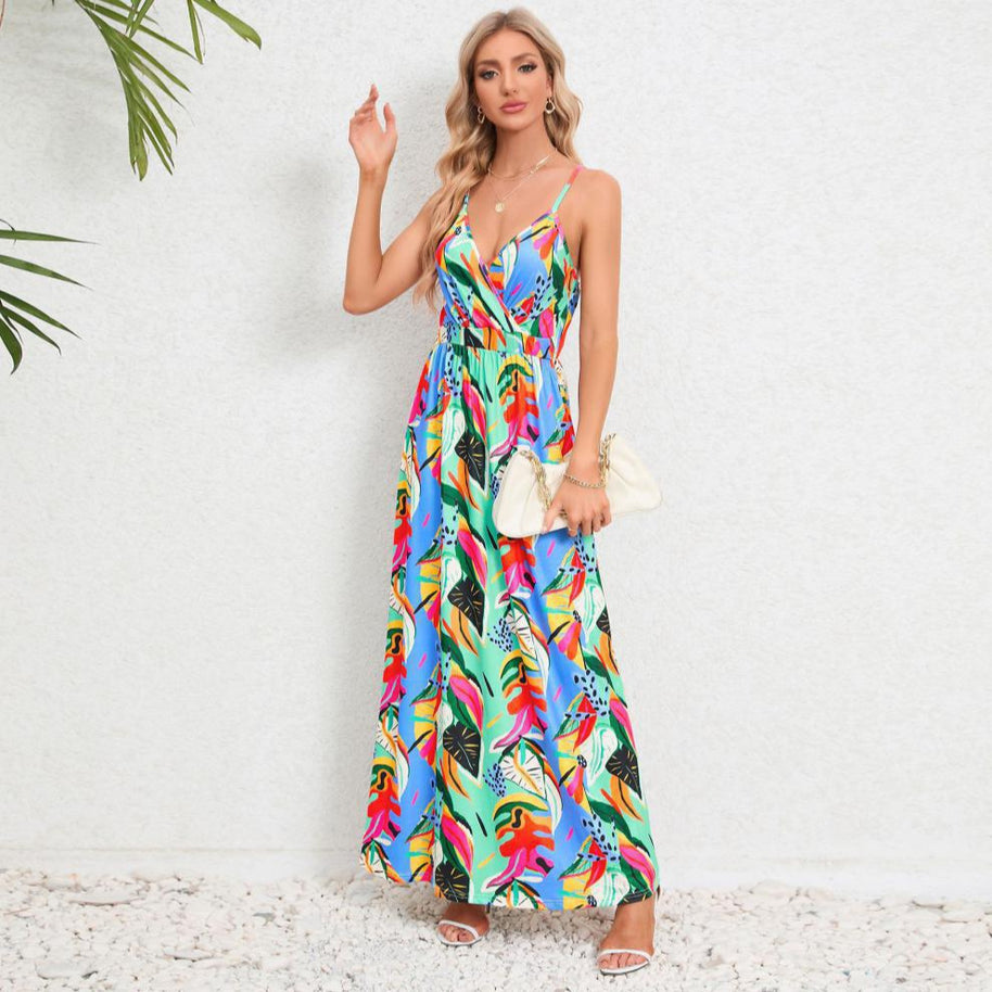 Damen Maxikleid mit zartem V-Ausschnitt und buntem Pflanzenmuster WW