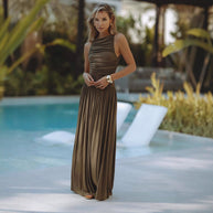 Damen Maxikleid mit figurbetontem Oberteil und fließendem Rock WW