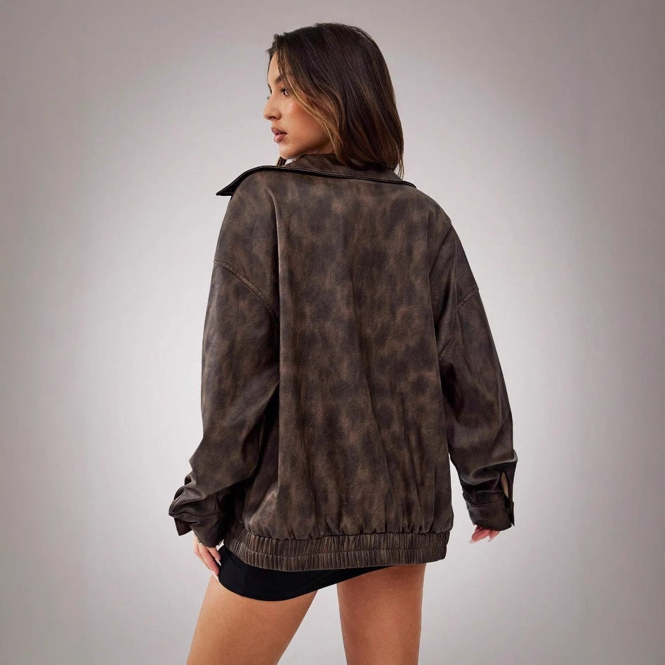 Damen Sportliche Oversized-Lederjacke mit praktischen Taschen und elastischem Saum WW