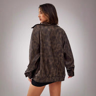 Damen Sportliche Oversized-Lederjacke mit praktischen Taschen und elastischem Saum WW