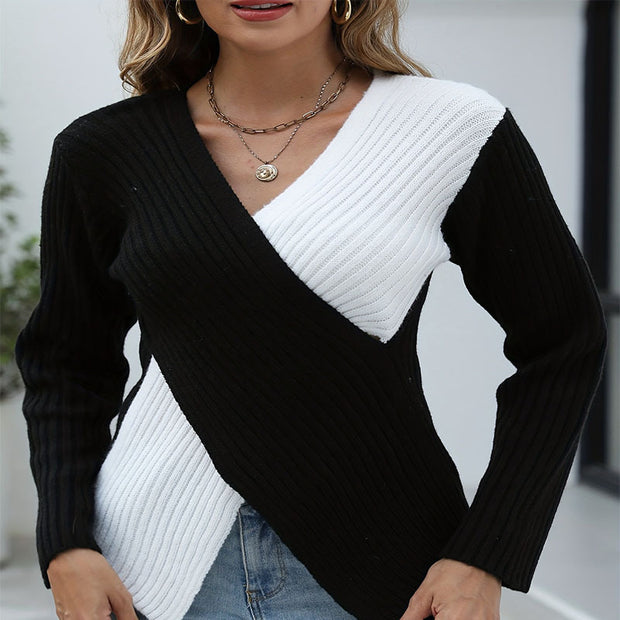 Damen asymmetrisches Strickoberteil mit eleganter V-Front WW
