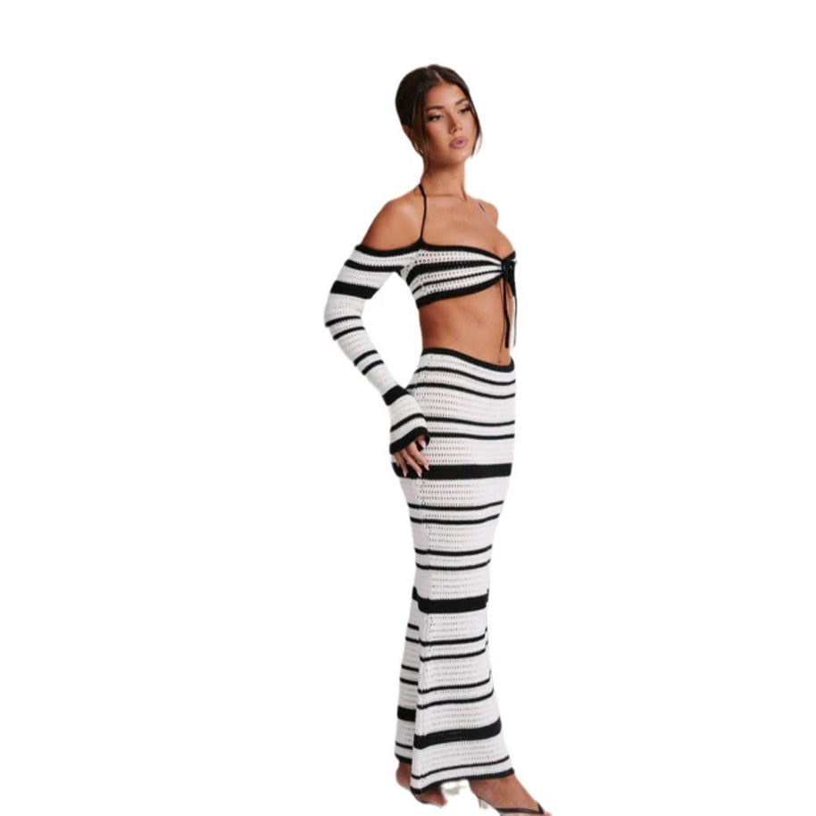 Damen Set aus gestreiftem Crop-Top und Maxi-Rock WW