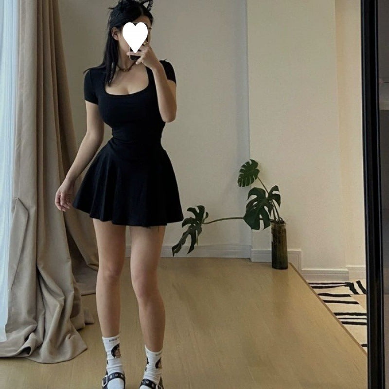 Damen Flared Skater Kleid mit kurzen Ärmeln und quadratischem Ausschnitt WW